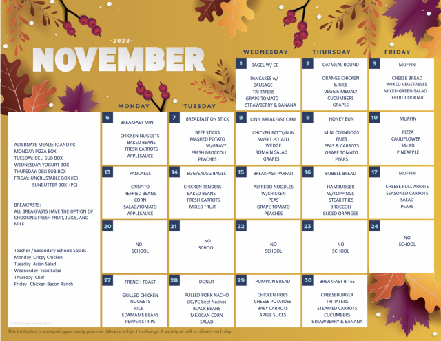 November 2023 Food Service Menu