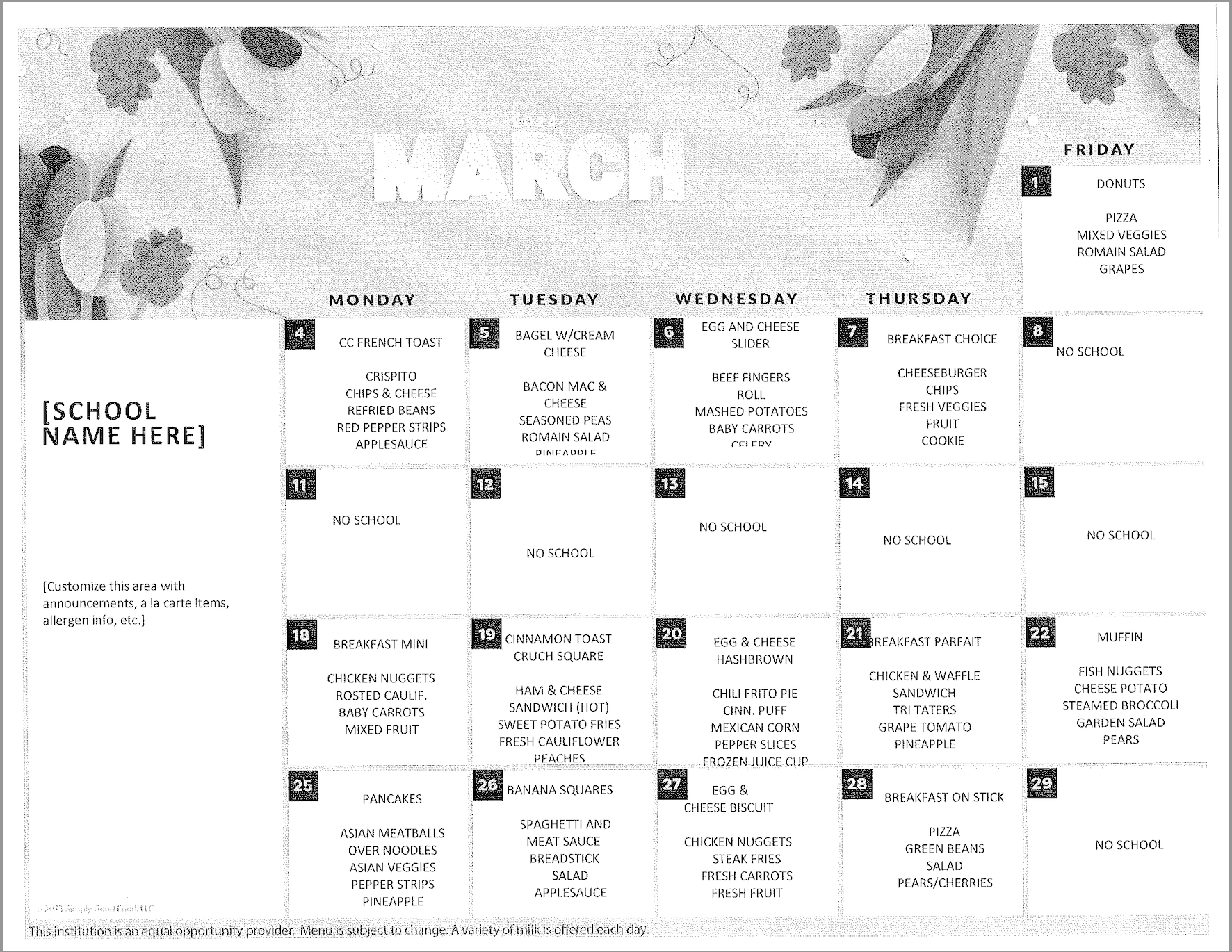 March Food Service Calendar USD 348